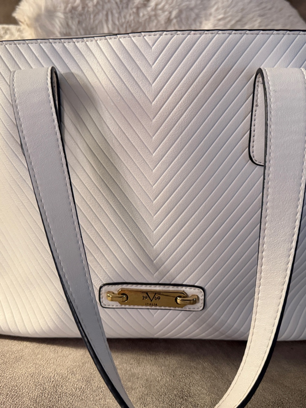 Versace White Chevron Tote with Gold Plaque
